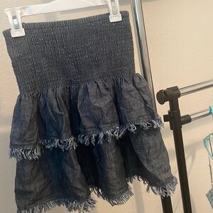 TRINA TURK Denim Layered Fringe Skirt